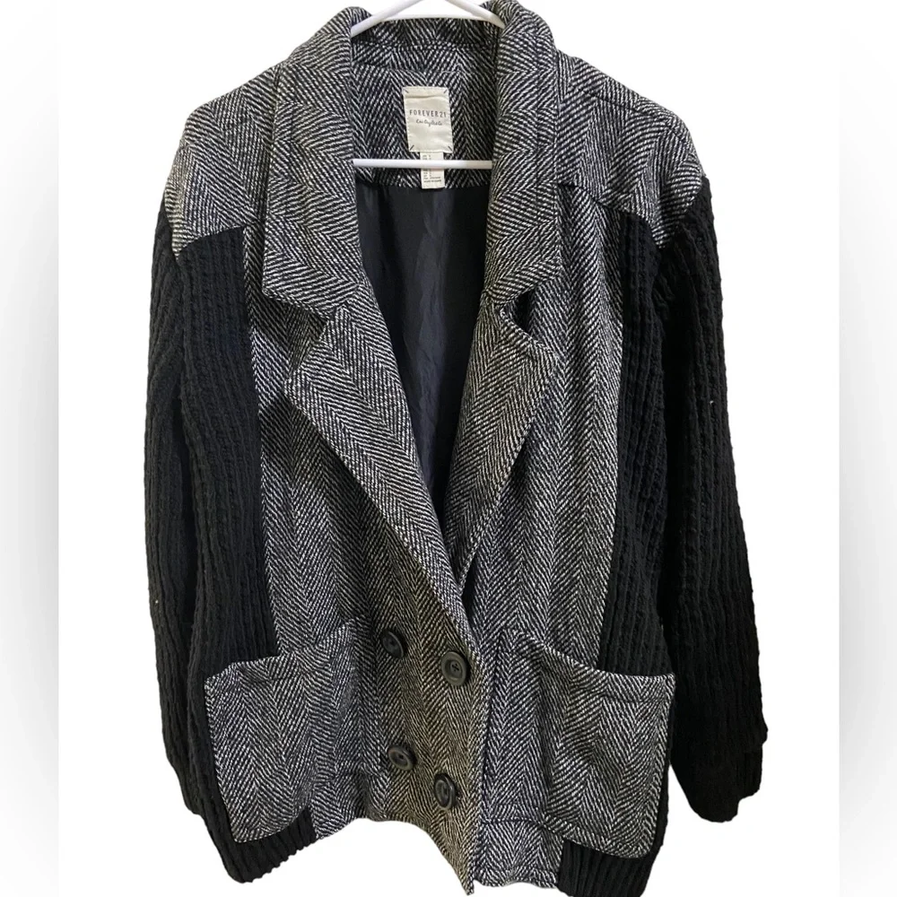 Vintage Gray & Black Tweed & Waffle Sweater Heavy Women’s L Jacket Y2K Retro - Picture 1 of 4